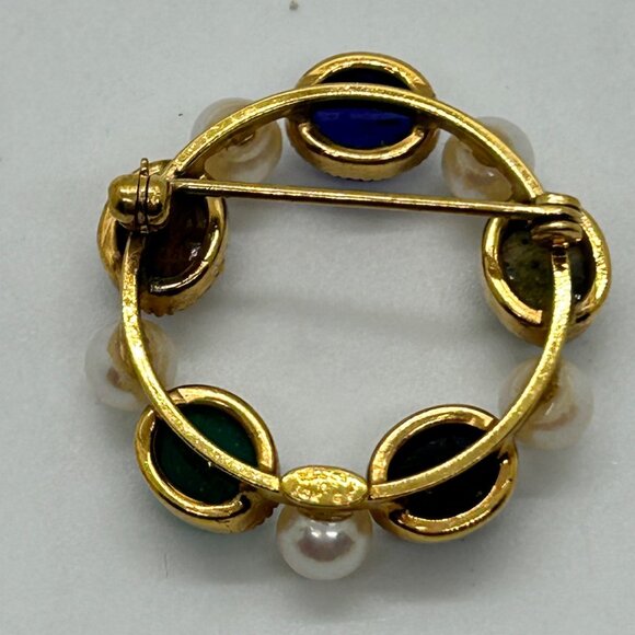 Vtg Wells Brooch Egyptian Revival Scarab Stone14k Gold-Filled Faux Pearl Wreath - Picture 6 of 14